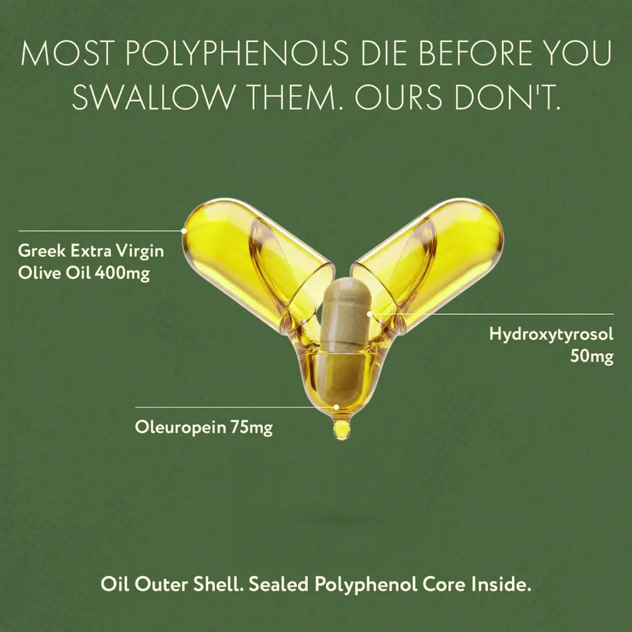 Cross-section of an Olivis capsule showing Greek extra virgin olive oil around a sealed polyphenol core